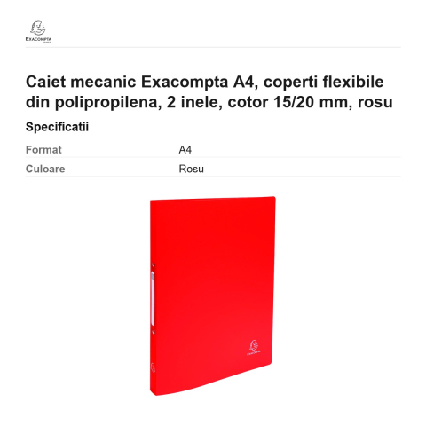 Caiet mecanic Exacompta A4, coperti flexibile din polipropilena, 2 inele, cotor 15/20 mm, rosu [2]