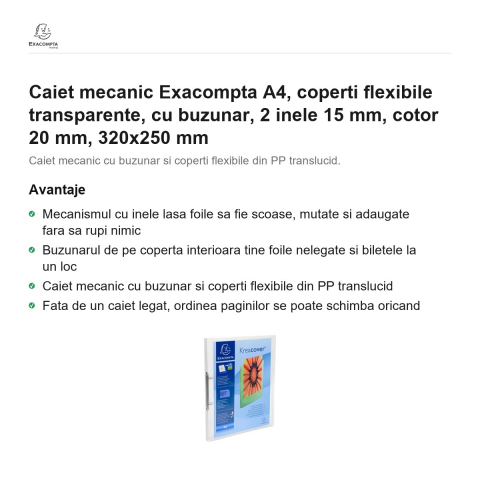 Caiet mecanic Exacompta A4, coperti flexibile transparente, cu buzunar, 2 inele 15 mm, cotor 20 mm, 320x250 mm [1]