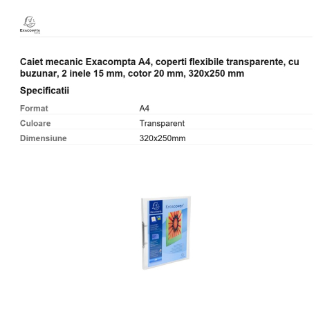 Caiet mecanic Exacompta A4, coperti flexibile transparente, cu buzunar, 2 inele 15 mm, cotor 20 mm, 320x250 mm [2]