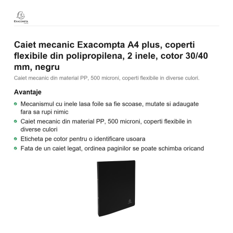 Caiet mecanic Exacompta A4 plus, coperti flexibile din polipropilena, 2 inele, cotor 30/40 mm, negru [1]