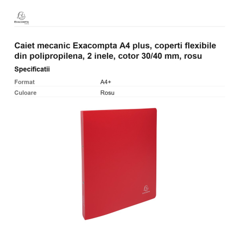 Caiet mecanic Exacompta A4 plus, coperti flexibile din polipropilena, 2 inele, cotor 30/40 mm, rosu [2]