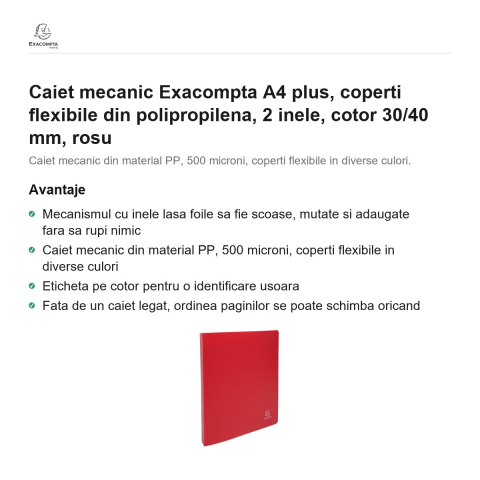 Caiet mecanic Exacompta A4 plus, coperti flexibile din polipropilena, 2 inele, cotor 30/40 mm, rosu [1]