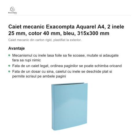 Caiet mecanic Exacompta Aquarel A4, 2 inele 25 mm, cotor 40 mm, bleu, 315x300 mm [1]