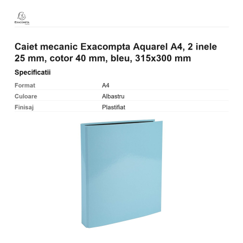 Caiet mecanic Exacompta Aquarel A4, 2 inele 25 mm, cotor 40 mm, bleu, 315x300 mm [2]