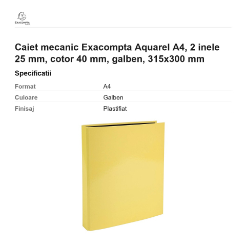 Caiet mecanic Exacompta Aquarel A4, 2 inele 25 mm, cotor 40 mm, galben, 315x300 mm [2]