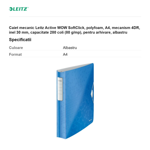 Caiet mecanic Leitz Active WOW SoftClick, polyfoam, A4, mecanism 4DR, inel 30 mm, capacitate 280 coli (80 g/mp), pentru arhivare, albastru [2]