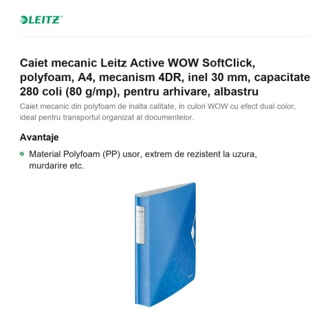 Caiet mecanic Leitz Active WOW SoftClick, polyfoam, A4, mecanism 4DR, inel 30 mm, capacitate 280 coli (80 g/mp), pentru arhivare, albastru [1]