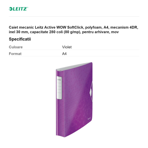 Caiet mecanic Leitz Active WOW SoftClick, polyfoam, A4, mecanism 4DR, inel 30 mm, capacitate 280 coli (80 g/mp), pentru arhivare, mov [2]