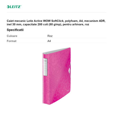 Caiet mecanic Leitz Active WOW SoftClick, polyfoam, A4, mecanism 4DR, inel 30 mm, capacitate 280 coli (80 g/mp), pentru arhivare, roz [2]