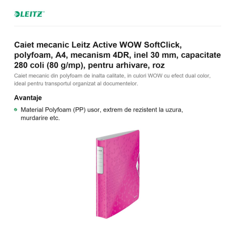 Caiet mecanic Leitz Active WOW SoftClick, polyfoam, A4, mecanism 4DR, inel 30 mm, capacitate 280 coli (80 g/mp), pentru arhivare, roz [1]