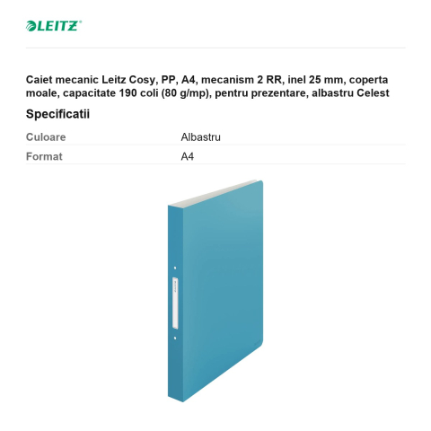 Caiet mecanic Leitz Cosy, PP, A4, mecanism 2 RR, inel 25 mm, coperta moale, capacitate 190 coli (80 g/mp), pentru prezentare, albastru Celest [2]
