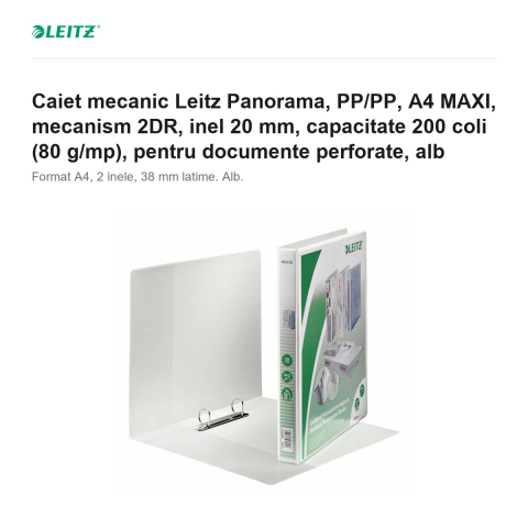 Caiet mecanic Leitz Panorama, PP/PP, A4 MAXI, mecanism 2DR, inel 20 mm, capacitate 200 coli (80 g/mp), pentru documente perforate, alb [1]
