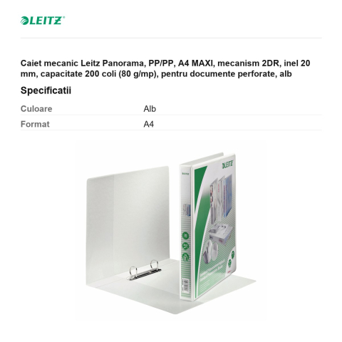 Caiet mecanic Leitz Panorama, PP/PP, A4 MAXI, mecanism 2DR, inel 20 mm, capacitate 200 coli (80 g/mp), pentru documente perforate, alb [2]