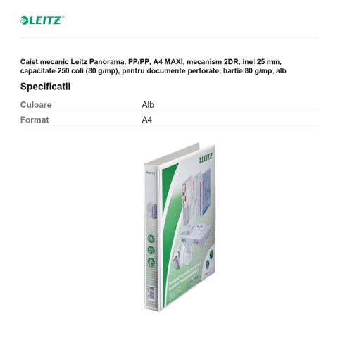 Caiet mecanic Leitz Panorama, PP/PP, A4 MAXI, mecanism 2DR, inel 25 mm, capacitate 250 coli (80 g/mp), pentru documente perforate, hartie 80 g/mp, alb [2]