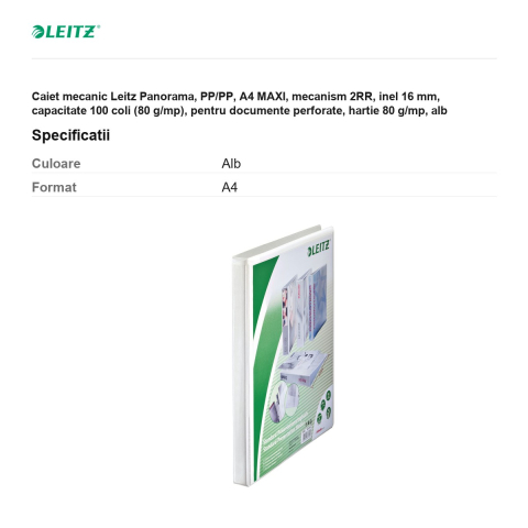Caiet mecanic Leitz Panorama, PP/PP, A4 MAXI, mecanism 2RR, inel 16 mm, capacitate 100 coli (80 g/mp), pentru documente perforate, hartie 80 g/mp, alb [2]