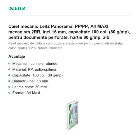 Caiet mecanic Leitz Panorama, PP/PP, A4 MAXI, mecanism 2RR, inel 16 mm, capacitate 100 coli (80 g/mp), pentru documente perforate, hartie 80 g/mp, alb [1]