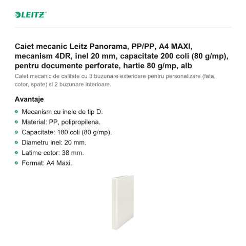 Caiet mecanic Leitz Panorama, PP/PP, A4 MAXI, mecanism 4DR, inel 20 mm, capacitate 200 coli (80 g/mp), pentru documente perforate, hartie 80 g/mp, alb [1]