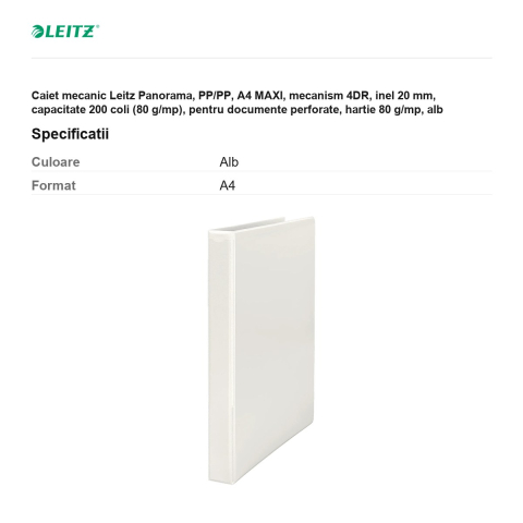 Caiet mecanic Leitz Panorama, PP/PP, A4 MAXI, mecanism 4DR, inel 20 mm, capacitate 200 coli (80 g/mp), pentru documente perforate, hartie 80 g/mp, alb [2]
