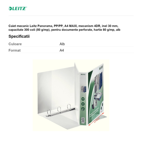Caiet mecanic Leitz Panorama, PP/PP, A4 MAXI, mecanism 4DR, inel 30 mm, capacitate 300 coli (80 g/mp), pentru documente perforate, hartie 80 g/mp, alb [2]