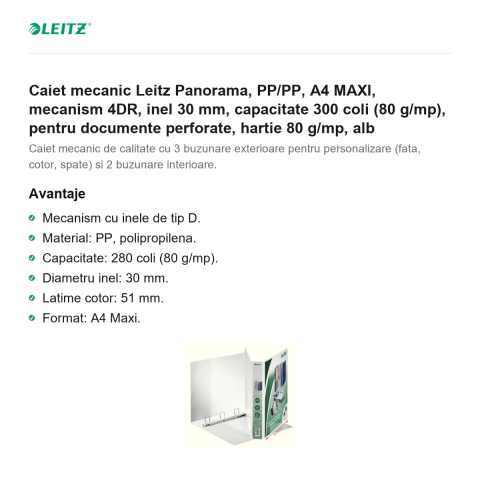 Caiet mecanic Leitz Panorama, PP/PP, A4 MAXI, mecanism 4DR, inel 30 mm, capacitate 300 coli (80 g/mp), pentru documente perforate, hartie 80 g/mp, alb [1]