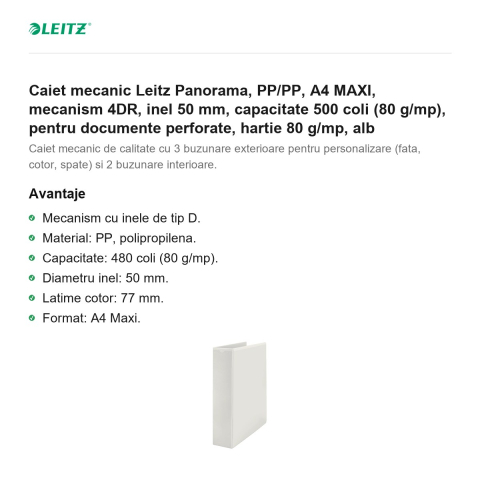 Caiet mecanic Leitz Panorama, PP/PP, A4 MAXI, mecanism 4DR, inel 50 mm, capacitate 500 coli (80 g/mp), pentru documente perforate, hartie 80 g/mp, alb [1]
