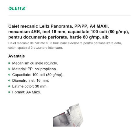 Caiet mecanic Leitz Panorama, PP/PP, A4 MAXI, mecanism 4RR, inel 16 mm, capacitate 100 coli (80 g/mp), pentru documente perforate, hartie 80 g/mp, alb [1]