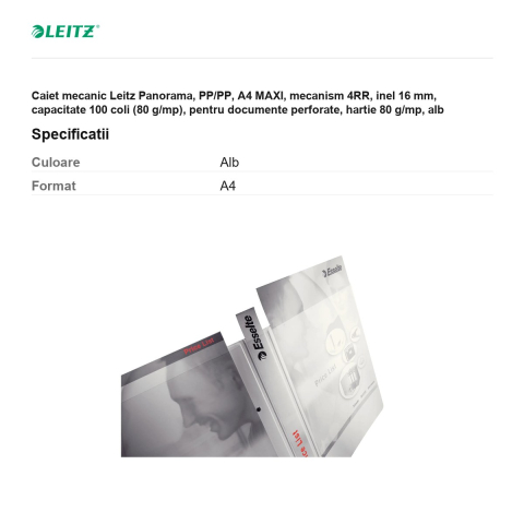 Caiet mecanic Leitz Panorama, PP/PP, A4 MAXI, mecanism 4RR, inel 16 mm, capacitate 100 coli (80 g/mp), pentru documente perforate, hartie 80 g/mp, alb [2]