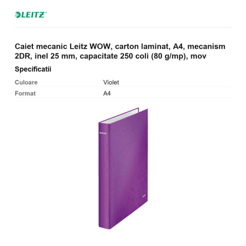 Caiet mecanic Leitz WOW, carton laminat, A4, mecanism 2DR, inel 25 mm, capacitate 250 coli (80 g/mp), mov [2]