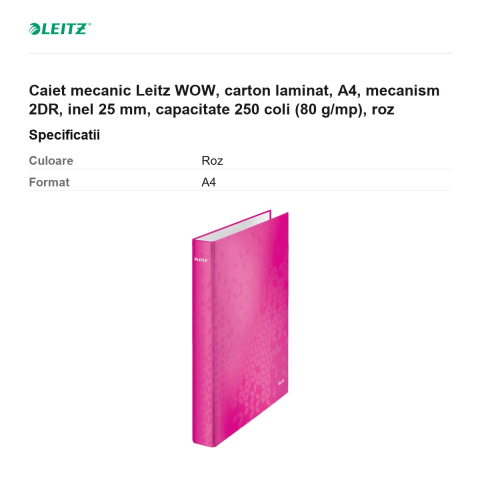 Caiet mecanic Leitz WOW, carton laminat, A4, mecanism 2DR, inel 25 mm, capacitate 250 coli (80 g/mp), roz [2]