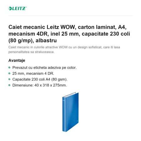 Caiet mecanic Leitz WOW, carton laminat, A4, mecanism 4DR, inel 25 mm, capacitate 230 coli (80 g/mp), albastru [1]