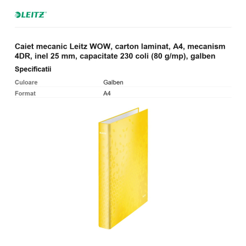 Caiet mecanic Leitz WOW, carton laminat, A4, mecanism 4DR, inel 25 mm, capacitate 230 coli (80 g/mp), galben [2]