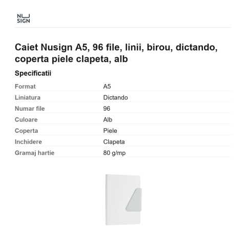 Caiet Nusign A5, 96 file, linii, birou, dictando, coperta piele clapeta, alb [2]