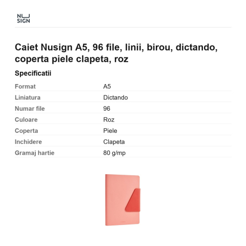 Caiet Nusign A5, 96 file, linii, birou, dictando, coperta piele clapeta, roz [2]