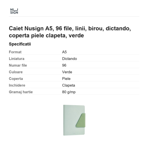 Caiet Nusign A5, 96 file, linii, birou, dictando, coperta piele clapeta, verde [2]