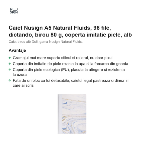 Caiet Nusign A5 Natural Fluids, 96 file, dictando, birou 80 g, coperta imitatie piele, alb [1]