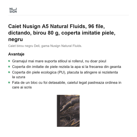 Caiet Nusign A5 Natural Fluids, 96 file, dictando, birou 80 g, coperta imitatie piele, negru [1]