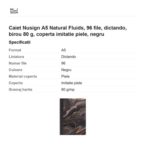 Caiet Nusign A5 Natural Fluids, 96 file, dictando, birou 80 g, coperta imitatie piele, negru [2]