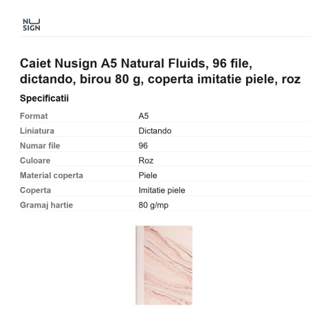 Caiet Nusign A5 Natural Fluids, 96 file, dictando, birou 80 g, coperta imitatie piele, roz [2]