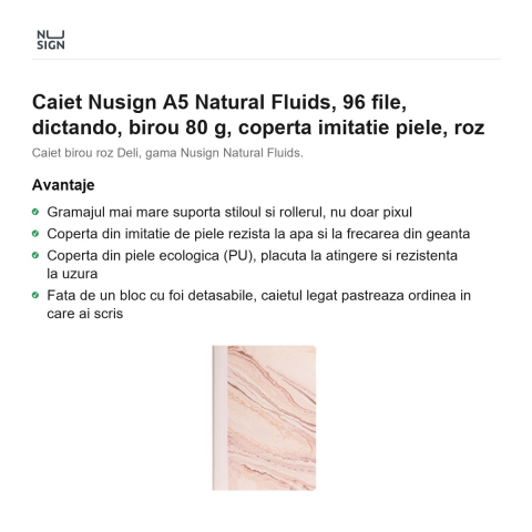 Caiet Nusign A5 Natural Fluids, 96 file, dictando, birou 80 g, coperta imitatie piele, roz [1]