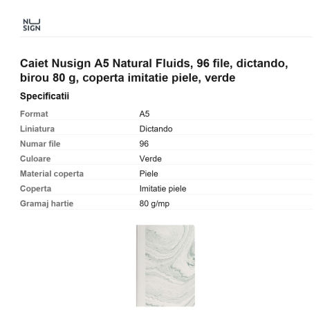 Caiet Nusign A5 Natural Fluids, 96 file, dictando, birou 80 g, coperta imitatie piele, verde [2]