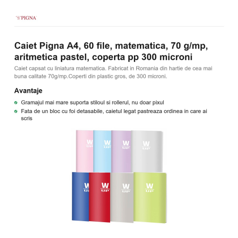 Caiet Pigna A4, 60 file, matematica, 70 g/mp, aritmetica pastel, coperta pp 300 microni [1]