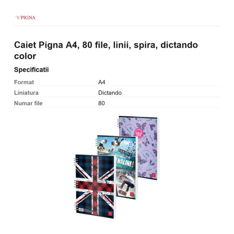 Caiet Pigna A4, 80 file, linii, spira, dictando color [2]