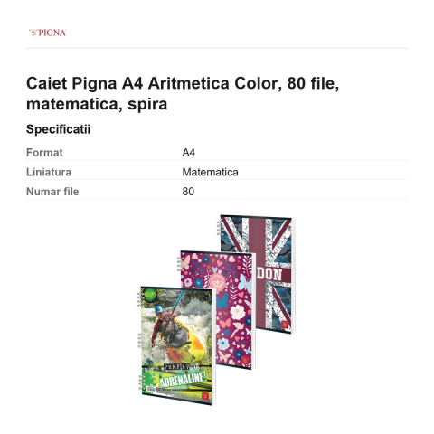Caiet Pigna A4 Aritmetica Color, 80 file, matematica, spira [2]