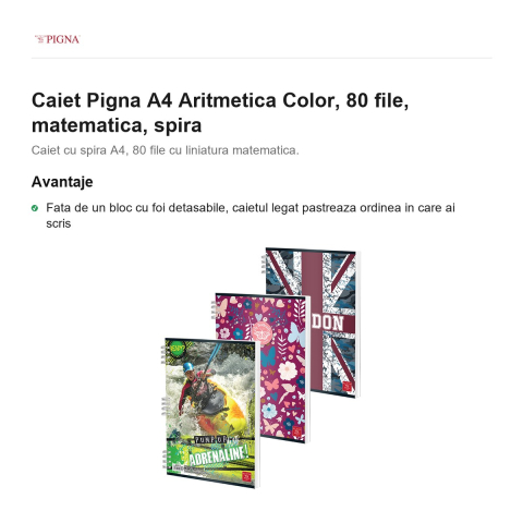 Caiet Pigna A4 Aritmetica Color, 80 file, matematica, spira [1]