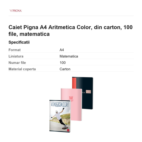 Caiet Pigna A4 Aritmetica Color, din carton, 100 file, matematica [2]