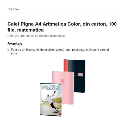 Caiet Pigna A4 Aritmetica Color, din carton, 100 file, matematica [1]