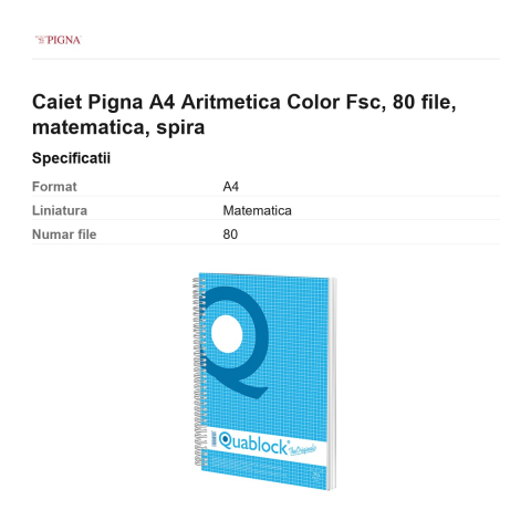 Caiet Pigna A4 Aritmetica Color Fsc, 80 file, matematica, spira [2]