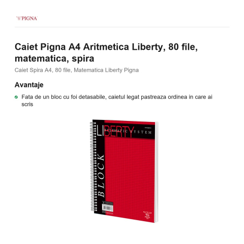 Caiet Pigna A4 Aritmetica Liberty, 80 file, matematica, spira [1]