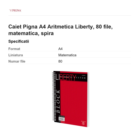 Caiet Pigna A4 Aritmetica Liberty, 80 file, matematica, spira [2]