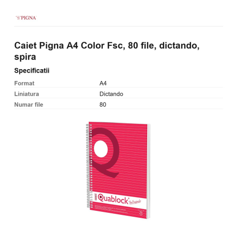 Caiet Pigna A4, 80 file, dictando, spira color [2]